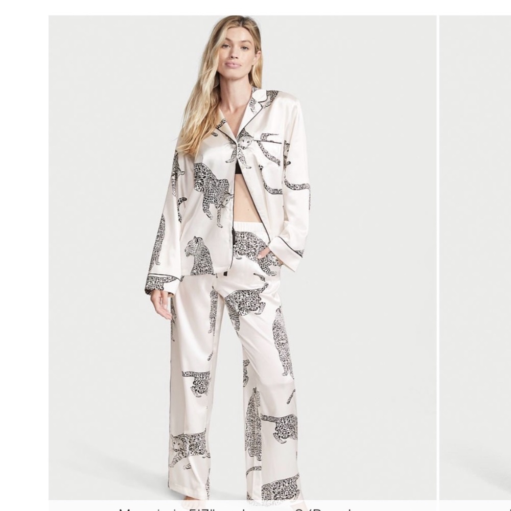 Victoria’s Secret Satin Long Pajama Set Black & White Leopard